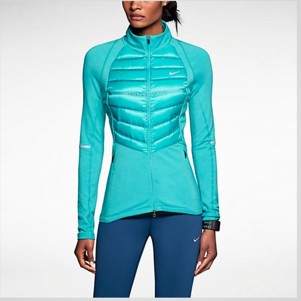 NIKE Women's wool blend running sweater jacket S turquoise double zip insulated